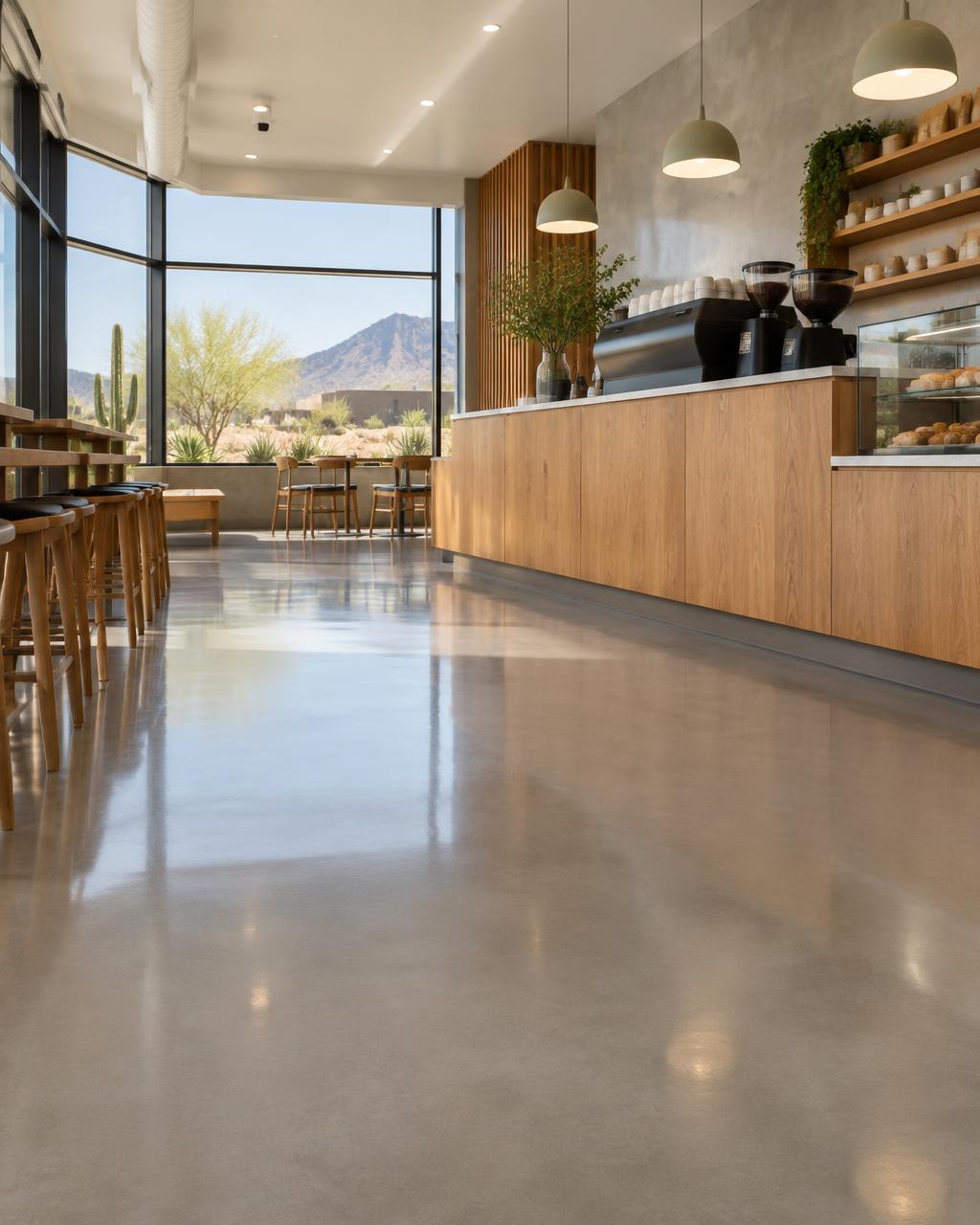 Café interior with a smooth warm gray coated floor