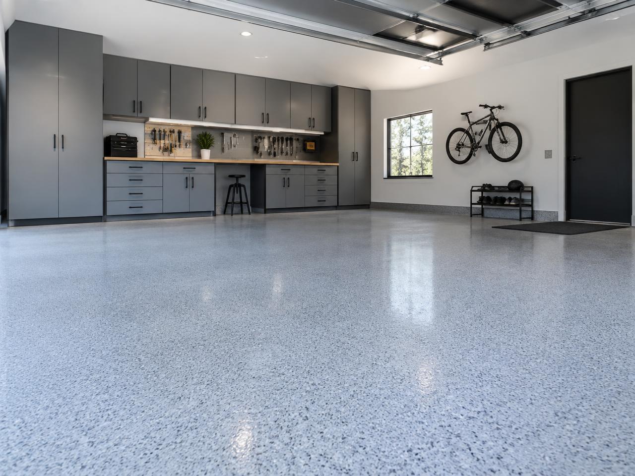 Garage with a gray flake floor coating and wall cabinets